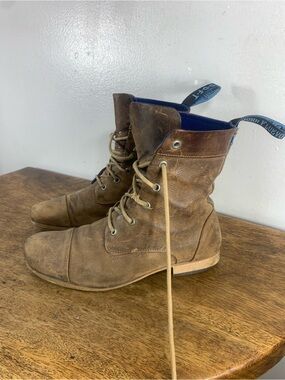 John Fluevog Brown Leather Combat Boots with Blue Liner Pull Tabs